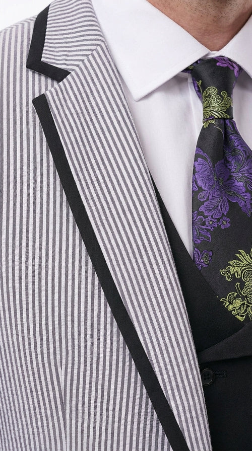 Mens Black and White Pinstripe Wedding Tuxedo Suit – Three Piece Formal Suit Set with Contrast Trim for Groom, Prom - Seersucker Summer Suit