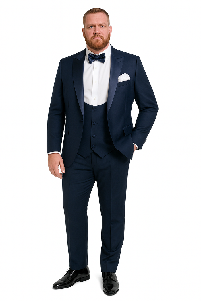 Navy tuxedo: satin peak lapel, three-piece suit (vest included), matching navy sateen fabric. Complete with a bow tie for formal events.
