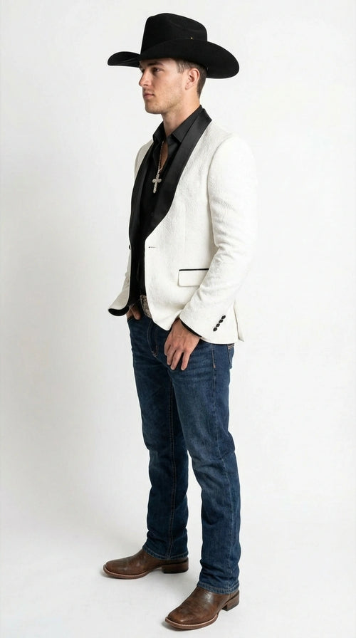 Men’s White Cowboy Blazer with Black Shawl Lapel – Western Formal Jacket for Wedding and Special Events