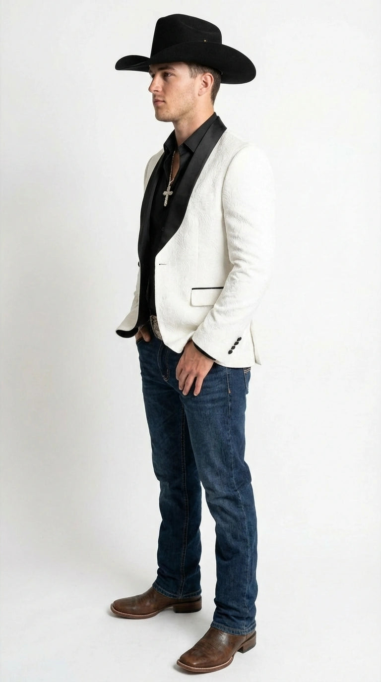 Men’s White Cowboy Blazer with Black Shawl Lapel – Western Formal Jacket for Wedding and Special Events