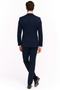 Navy blue men's tuxedo with satin peak lapel and matching color. Features a formal two-piece design, tailored fit, and fine vertical pinstripes.
