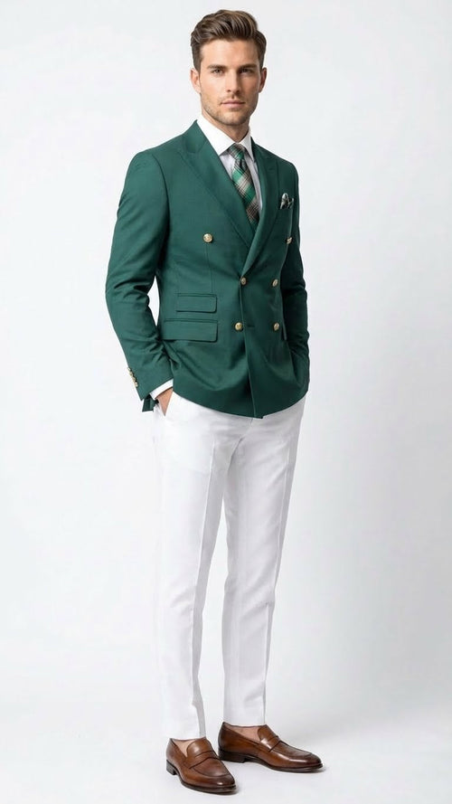 The men's dark green double-breasted blazer by Alberto Nardoni features a tailored fit with a notched lapel, two front pockets, and six gold buttons. The fabric appears textured, emphasizing the rich green color.