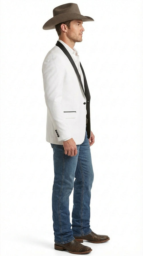 Men’s White Cowboy Blazer with Black Satin Lapel – Western Formal Tuxedo Style Jacket