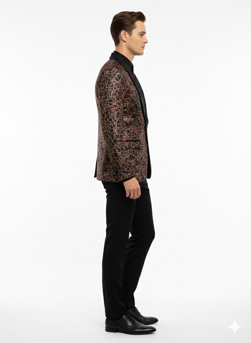 Men’s Black Shiny Designer Blazer with Red and Gold Pattern – Luxury Party & Wedding Jacket