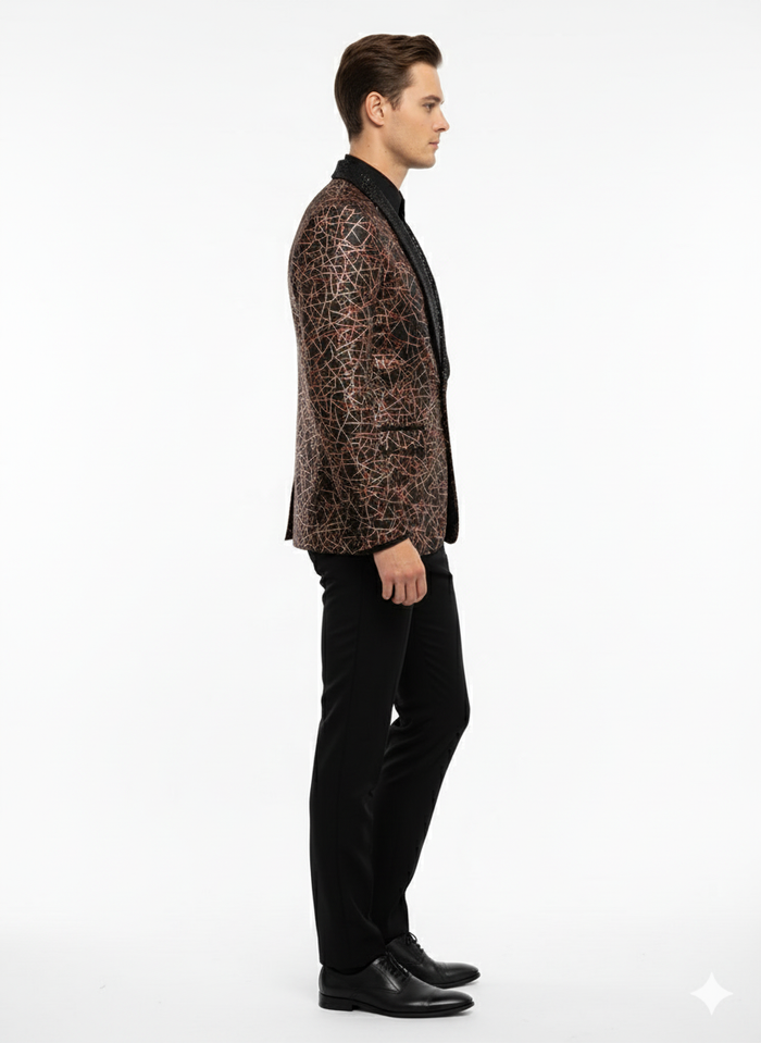 Men's black shiny blazer with red/gold geometric pattern. Structured form, black lapel. Glossy material for a luxurious look.
