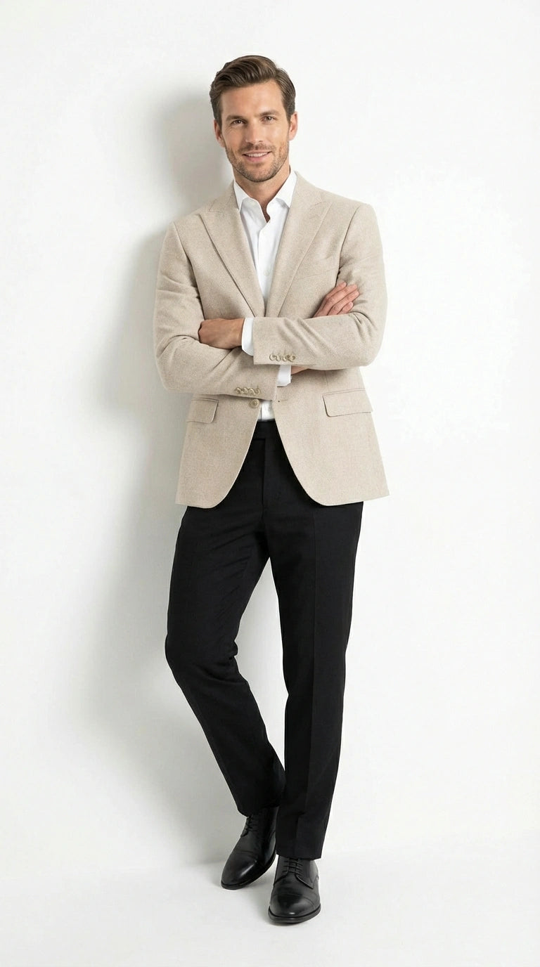 Zacchi Men’s Beige Hopsack Blazer – Classic Two Button Sport Coat with Peak Lapel Formal Jacket