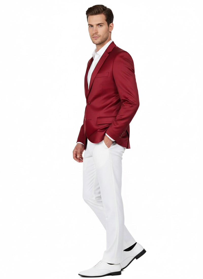 Burgundy slim-fit men's blazer in glossy satin. Single-button closure, notched lapels, chest pocket. Structured shoulders and tailored silhouette for a formal look.

