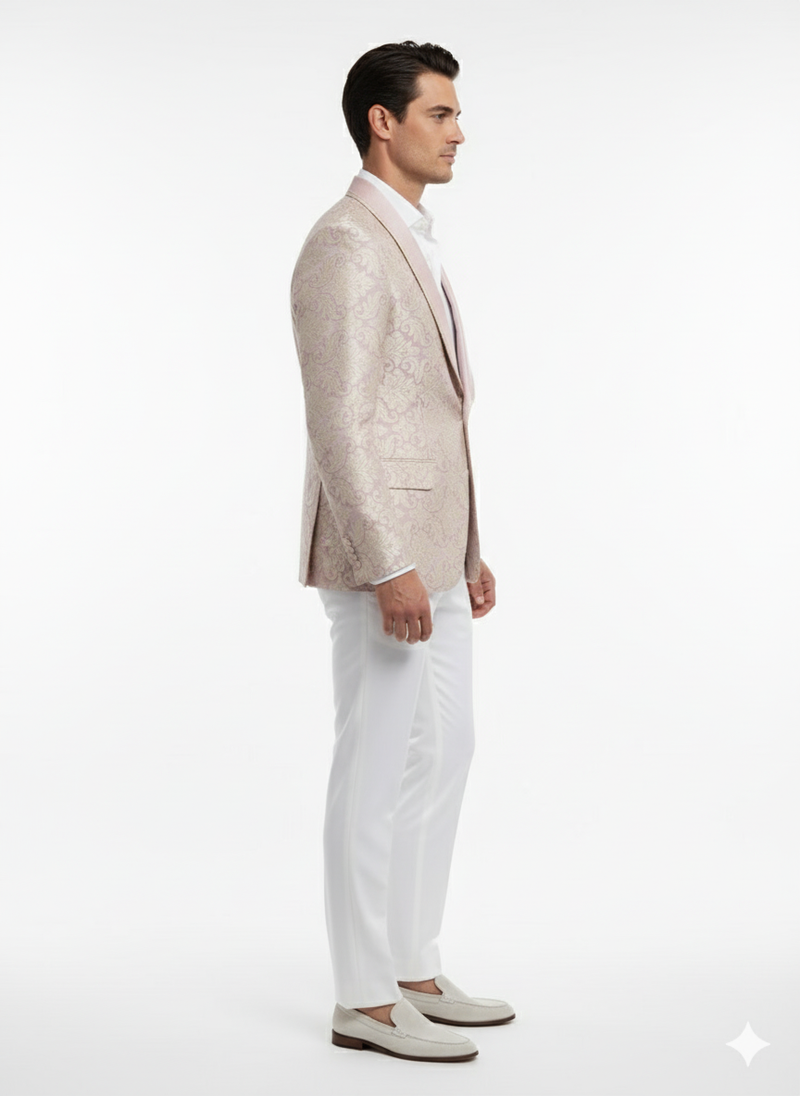 Lavender & gold men's tuxedo with lilac mauve floral embroidery. Fitted blazer, satin peak lapel, and two front pockets. A stylish and elegant choice.
