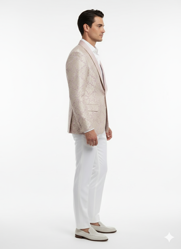 Lavender & gold men's tuxedo with lilac mauve floral embroidery. Fitted blazer, satin peak lapel, and two front pockets. A stylish and elegant choice.
