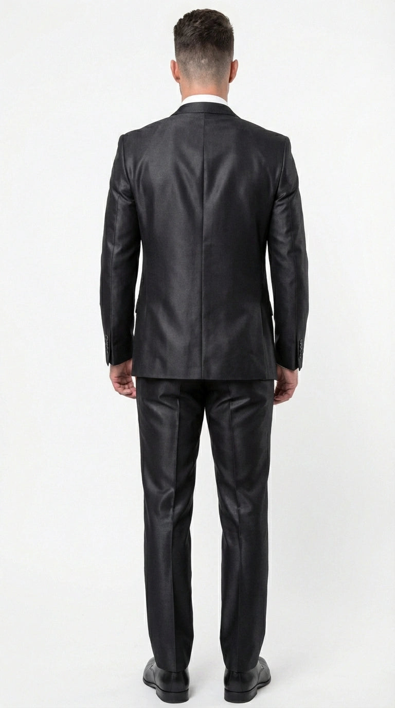 Men’s Black Three Piece Suit – Modern Fit 3PC Formal Suit with Vest for Wedding, Prom and Business Events Sharkskin Shiny Fabric