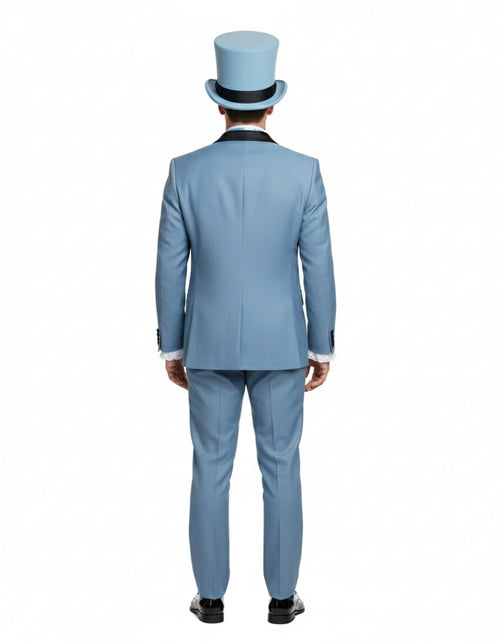 Light blue tuxedo with black lapel, matching trousers, and top hat. Textured jacket, white cuff accents. Tailored, formal silhouette with sleeve detailing.
