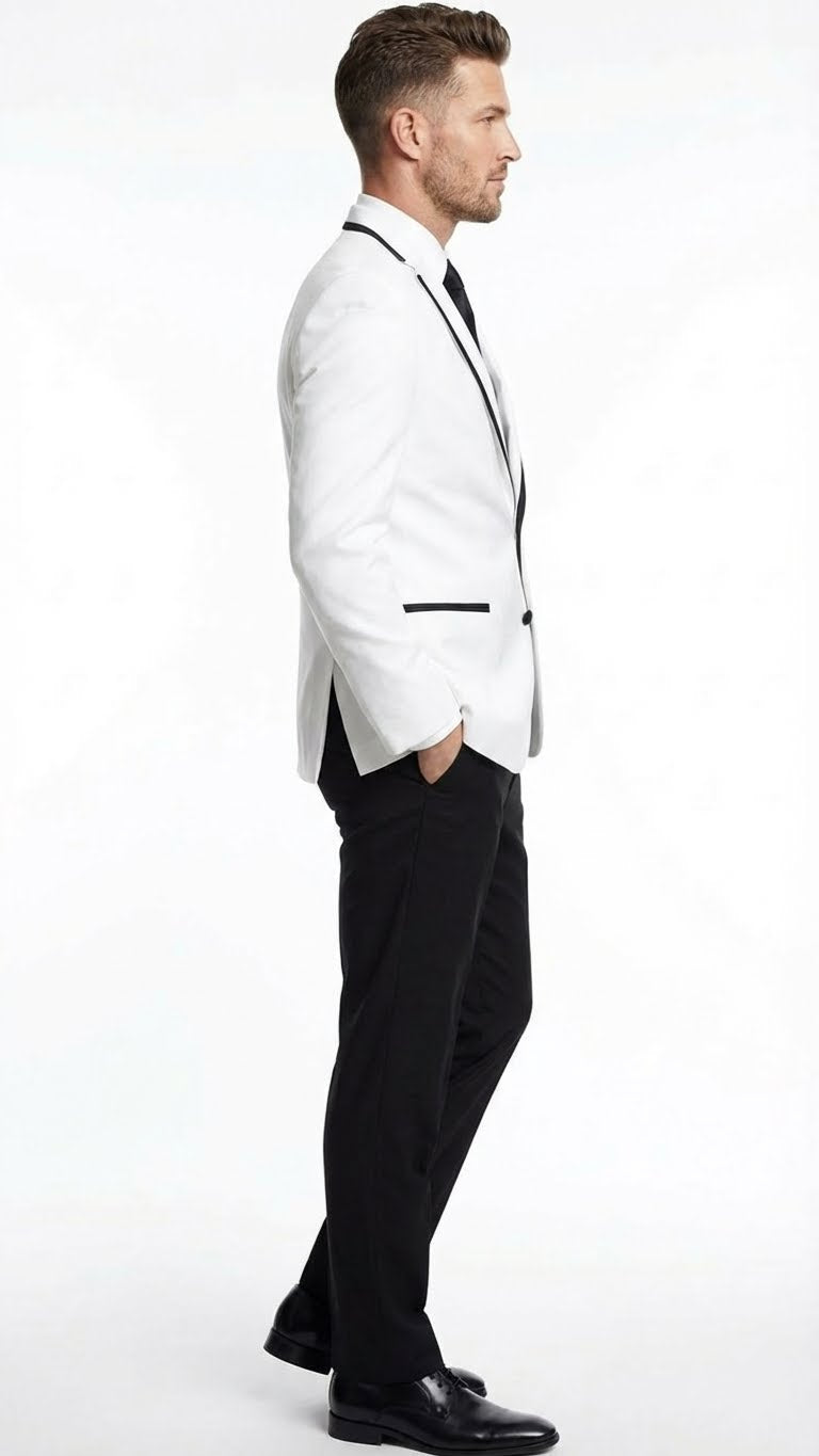 Men's white blazer with tailored fit, smooth structured shape, and black trim. Features lightweight fabric, black buttons, and pockets for a classic, contrasted look. Viewed from the right.
