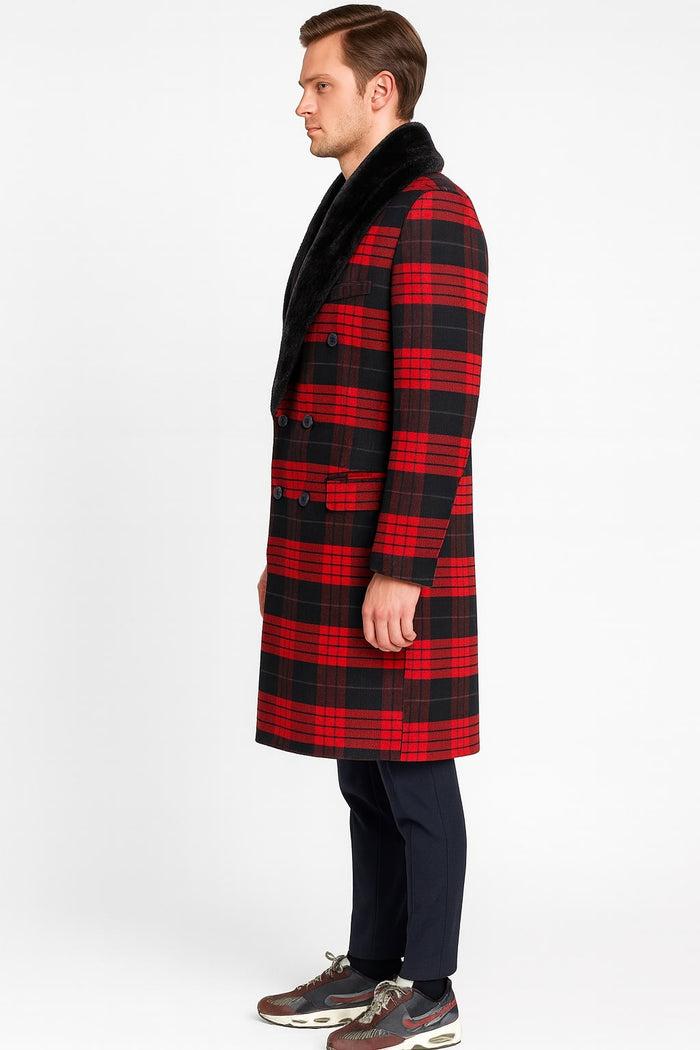 Red and black plaid wool men's overcoat. Black faux fur shawl collar, double-breasted, tailored fit, knee-length. Tartan pattern.
