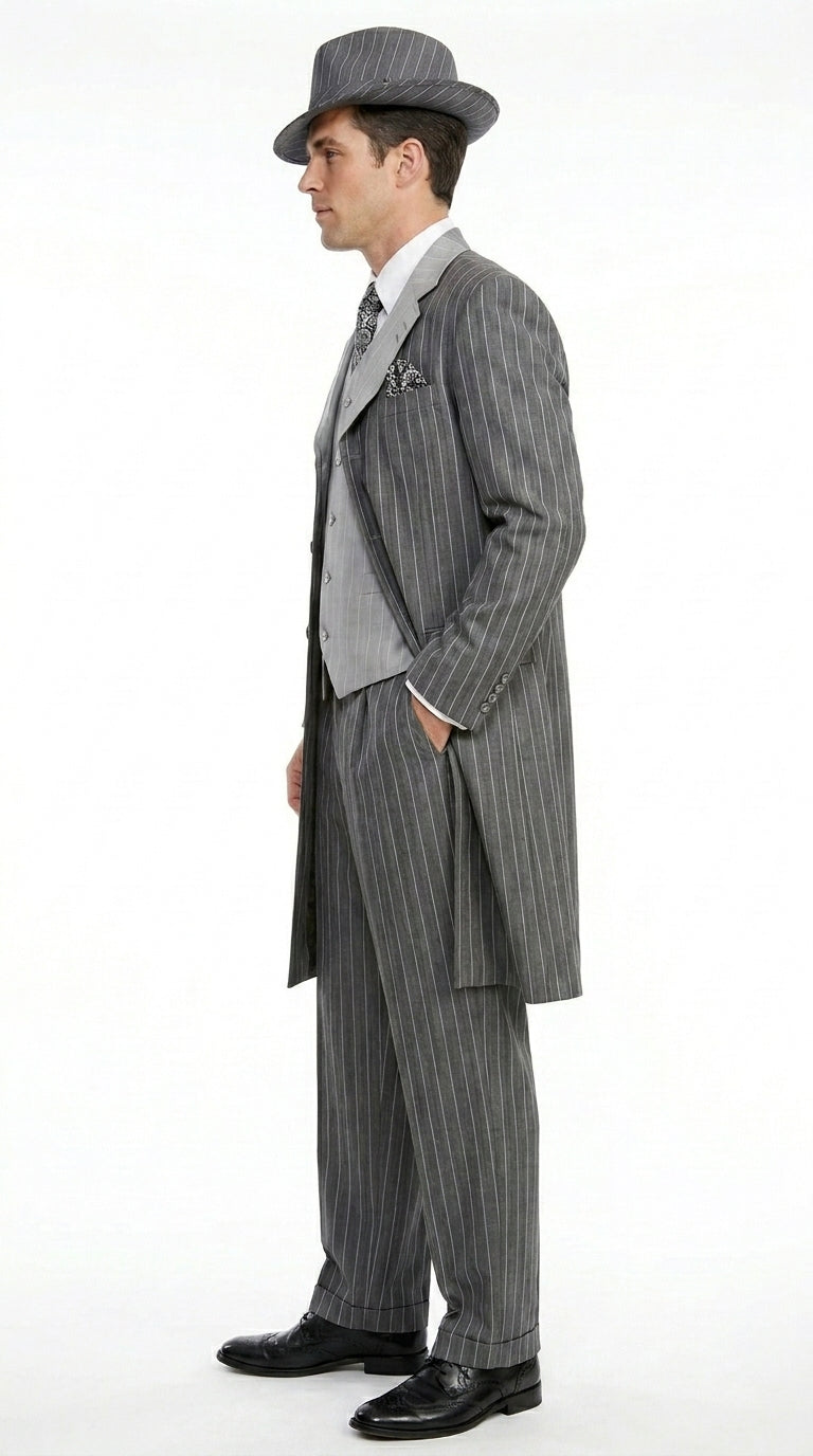 Men’s Grey Pinstripe Zoot Suit 3 Piece – 1920s Gangster Vintage Wide Lapel Suit with Vest for Wedding, Party