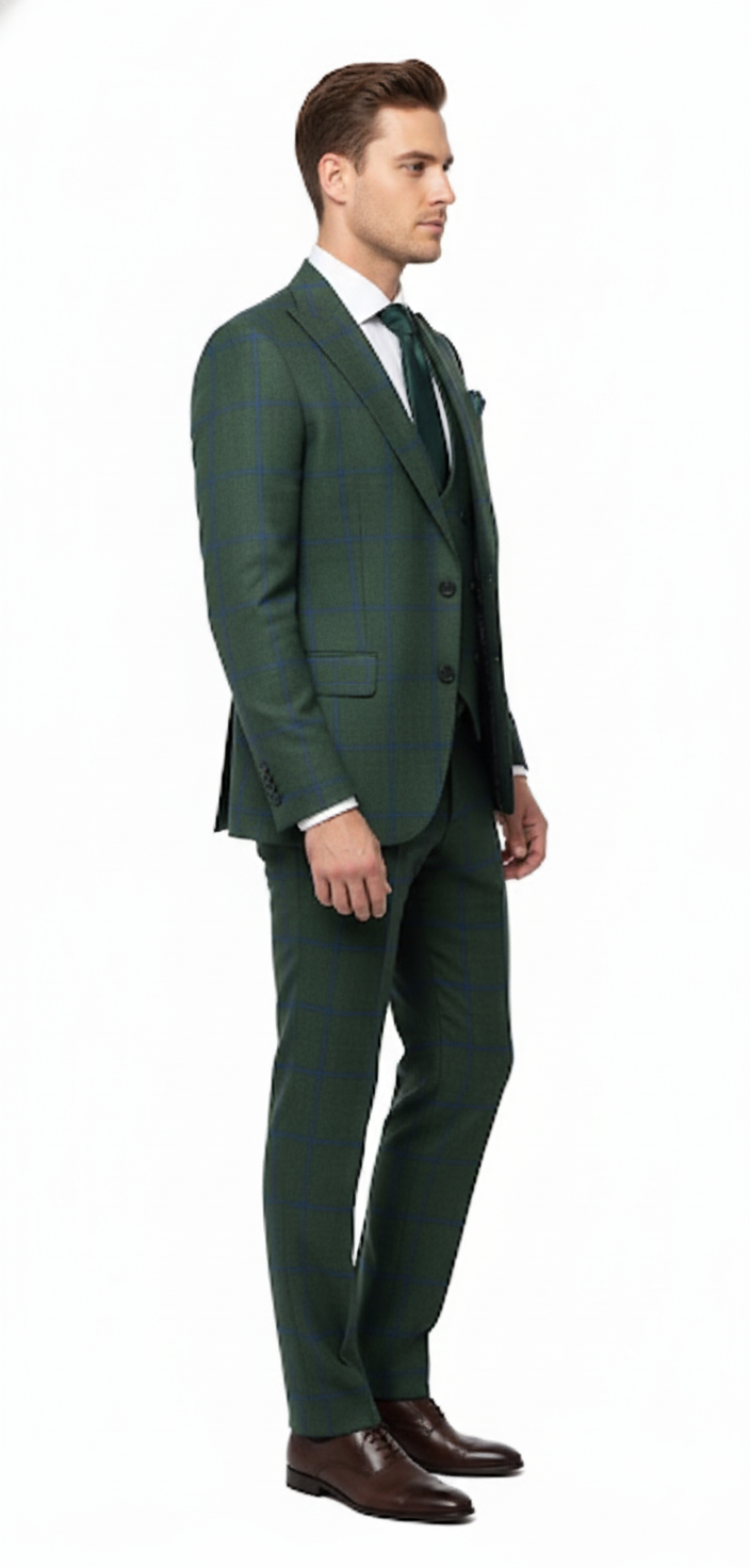 Men's green plaid 3-piece suit. Classic slim fit with notch lapel jacket, matching vest & slim trousers. Rich green with dark/light blue grid pattern. Smooth material. Formal, tailored design.