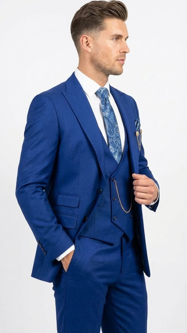 Royal blue Alberto Nardoni 3-piece suit for men. Includes a fitted jacket (notched lapel, 2 buttons), double-breasted vest, and straight-leg trousers. Smooth, solid fabric.