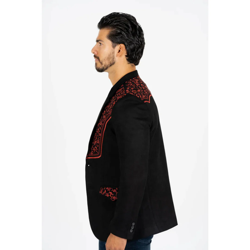 Mens Black ~ Burgundy Embroidered Suede Blazer