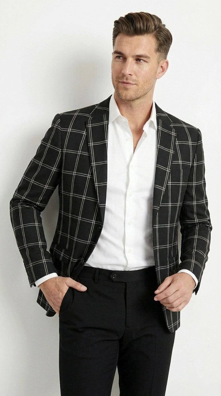 Men’s Black Windowpane Check Blazer – Black Plaid Formal Blazer Jacket for Business, Wedding and Smart Casual Style