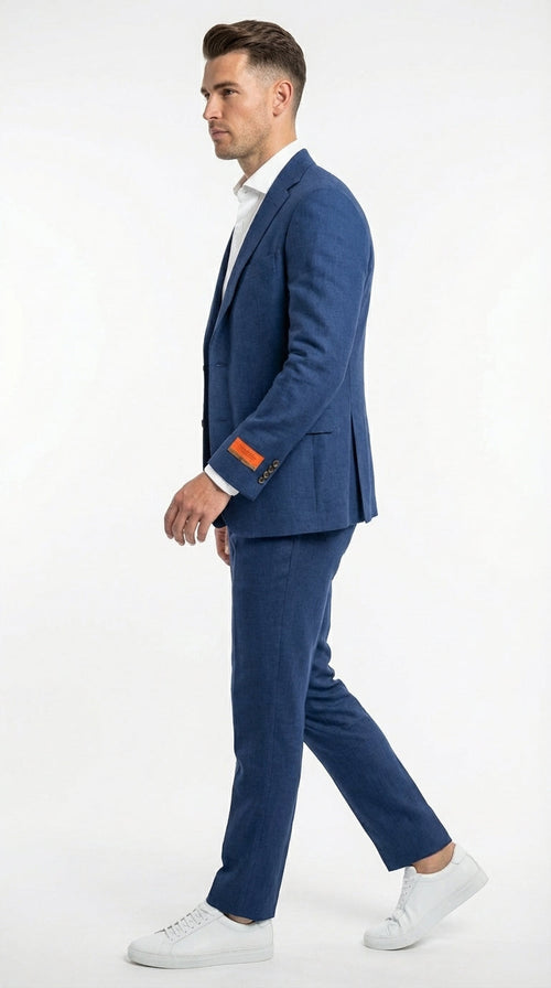 Mens Enzo Tovare Denim Blue Linen Summer Suit – Breathable Two Piece Suit for Wedding, Business, Travel