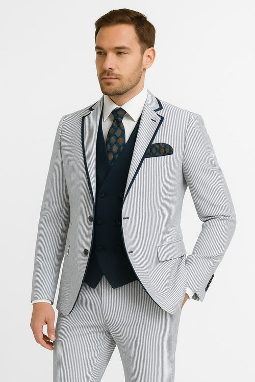 Men's White and Navy Pinstripe Suit with Contrast Trim â€“ 3-Piece Seersucker Style Set for Weddings and Summer Events