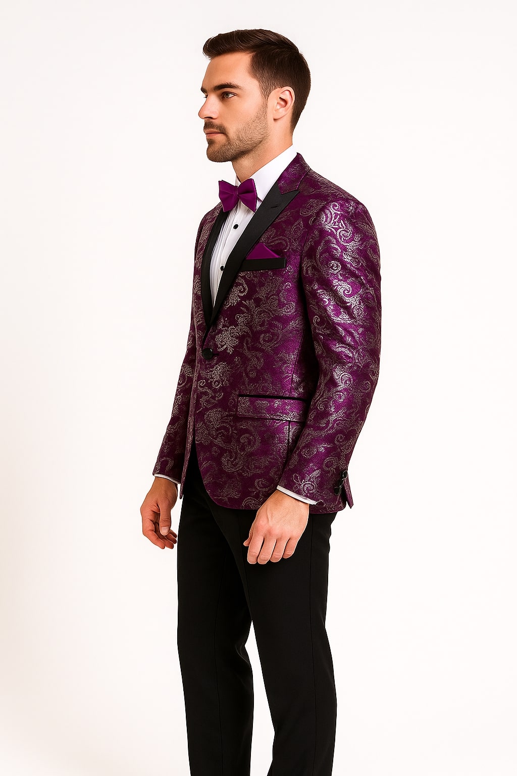 Men's Purple and White Twotoned  Paisley Tuxedo Jacket with Black Satin Lapel – Formal Prom and Wedding Blazer