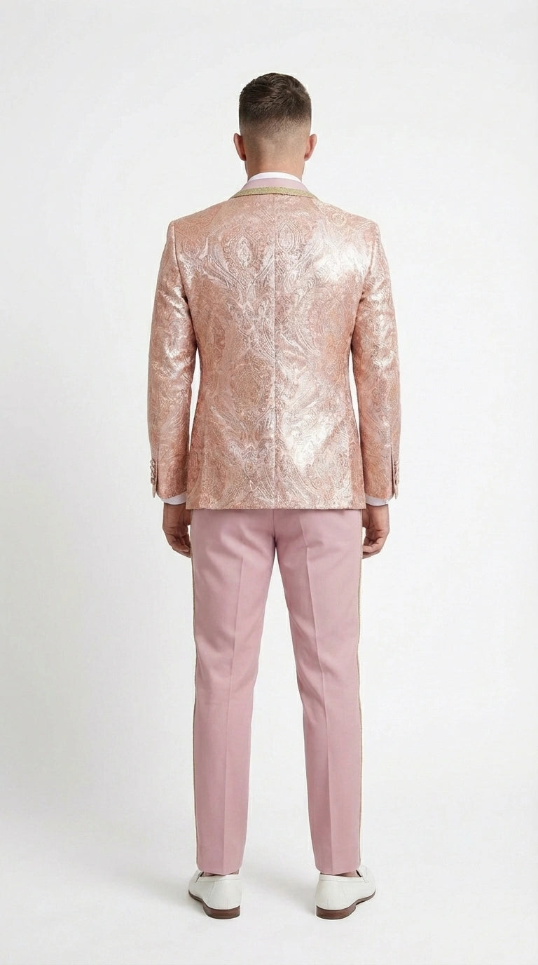 Men’s Rose Gold Pink Prom Tuxedo Suit – Slim Fit Paisley Pattern Formal Tuxedo Suit for Prom, Wedding and Special Events