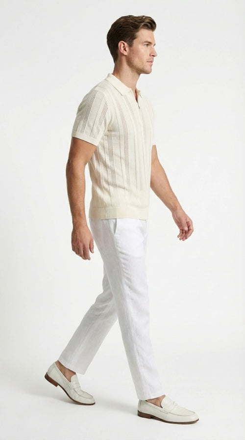 Mens Cream Ivory Off White Knit Walking Suit Set – Lightweight Short Sleeve Shirt and Pants Outfit for Summer, Vacation and Casual Style