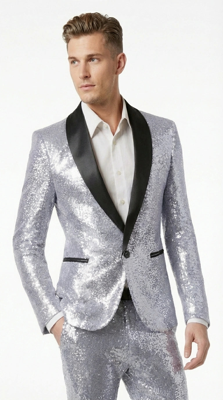 Mens Silver Grey Sequin Tuxedo Suit – Shiny Wedding Suit Set with Black Lapel for Prom, Party, Gala and Formal Evening Wear