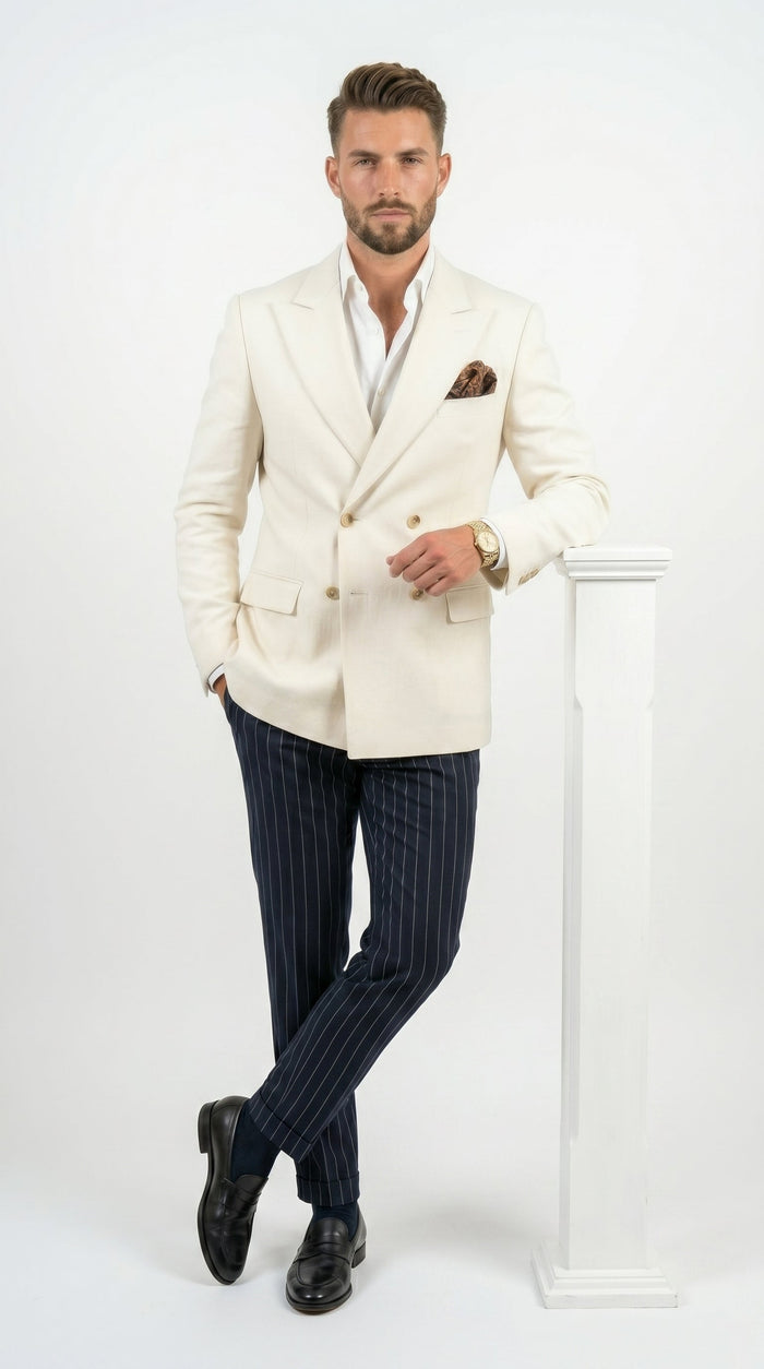 Men’s Ivory Linen Double Breasted Blazer, Lightweight Wedding Dinner Sport Coat Jacket Cream Off White