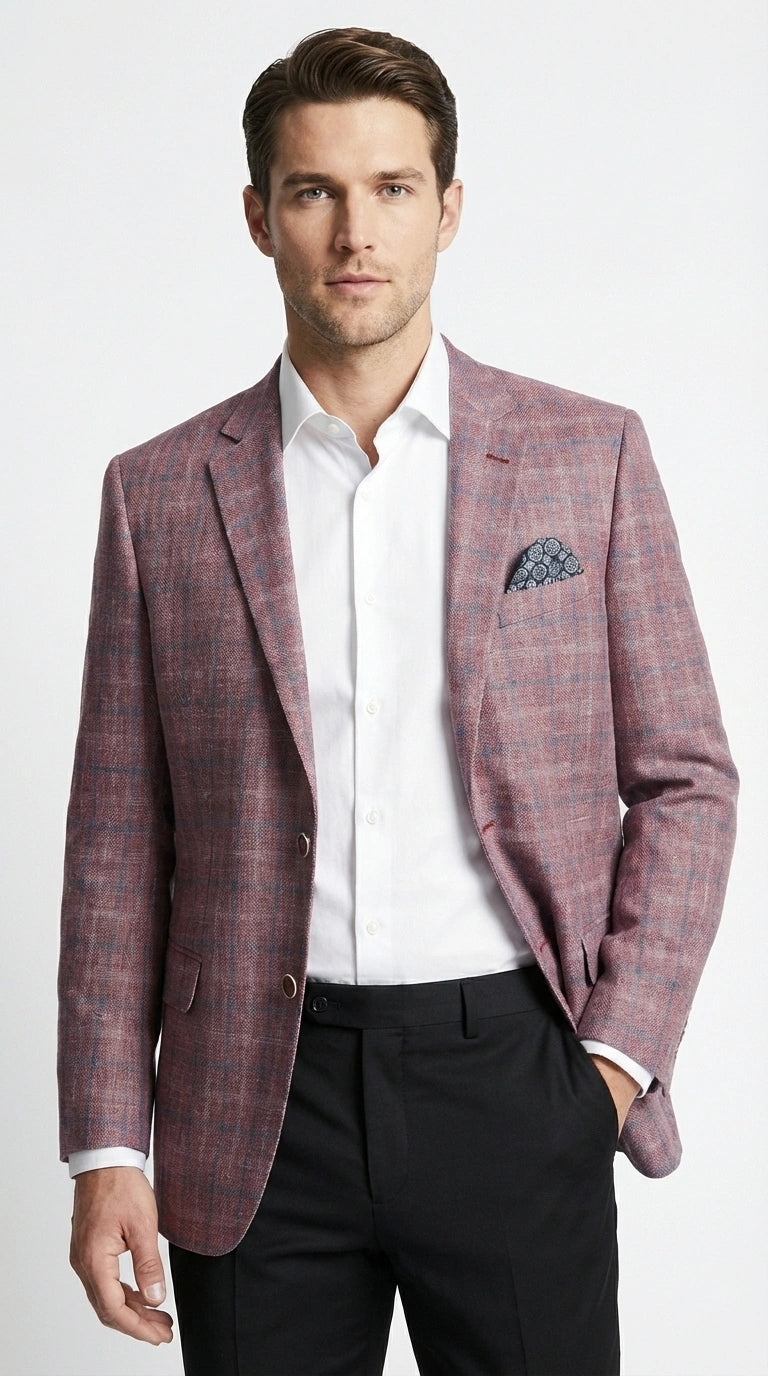 Mens Dusty Rose Mauve Pink with Tint of Blue Plaid Sport Coat Blazer – Classic Check Pattern Casual Blazer Jacket for Business Casual, Wedding
