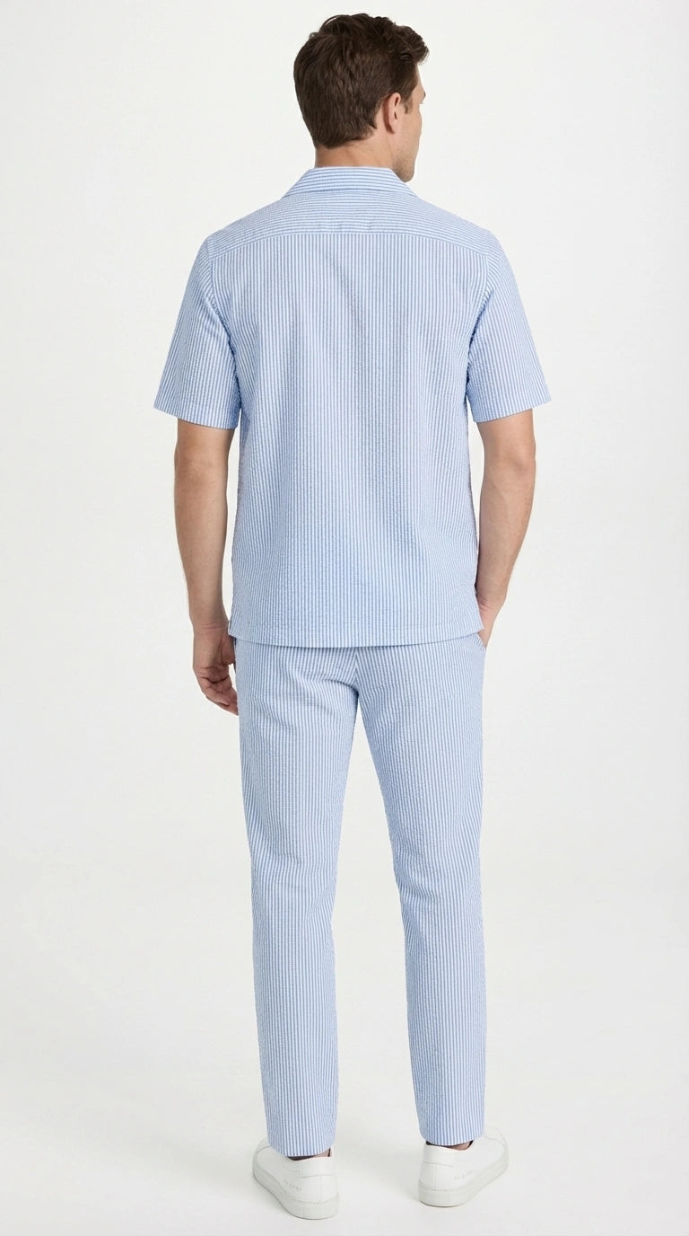 ens Light Blue Seersucker Walking Suit Set – Casual Summer Short Sleeve Outfit with Matching Pants Lightweight Two Piece Outfit