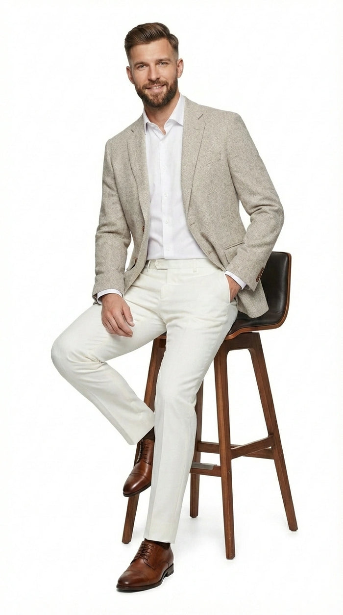 Men’s Light Tan Tweed Blazer – Classic Herringbone Sport Coat, Beige Casual Formal Jacket, Vintage Style Business & Smart Casual Wear