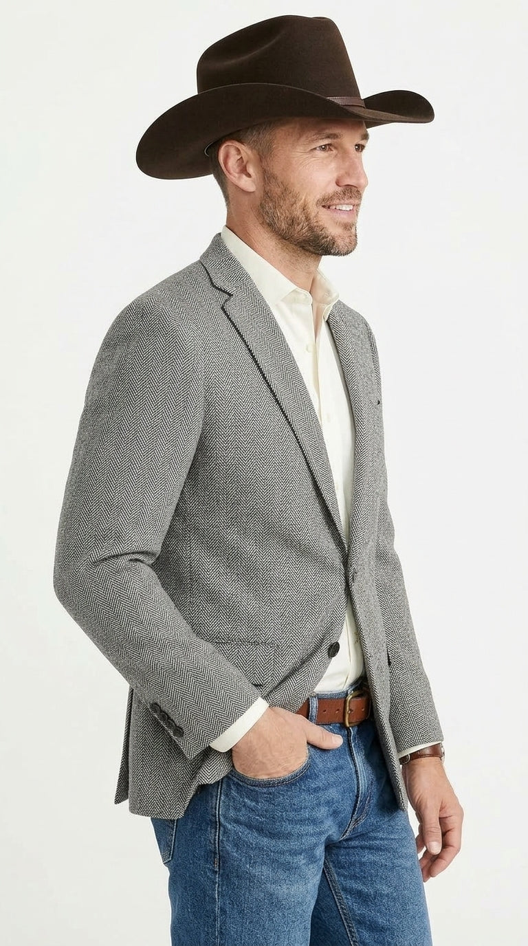 Men’s Light Grey & Black Herringbone Western Blazer – Cowboy Sport Coat Jacket