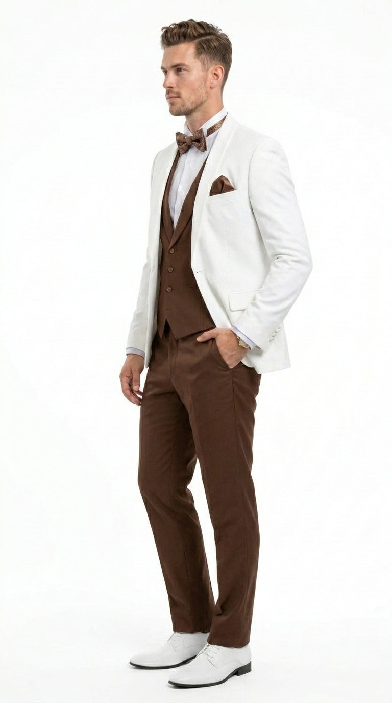 Men’s Ivory and Brown 3 Piece Suit – Elegant White Blazer with Brown Vest and Trousers for Wedding, Prom and Formal Events in off White Cream + Bowtie