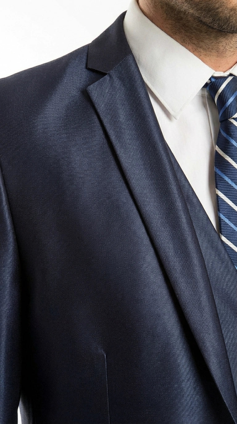 Men’s Navy Blue Sharkskin 3 Piece Suit – Two Button Vested Shiny Formal Suit for Wedding, Prom, Business and Party Wear