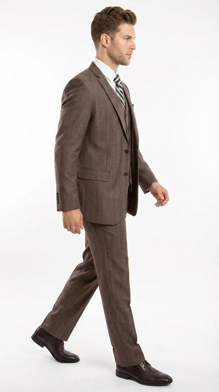 Men’s Brown Sharkskin 3 Piece Suit – Textured Two Button Vested Business Formal Suit for Wedding, Party Wear Vested