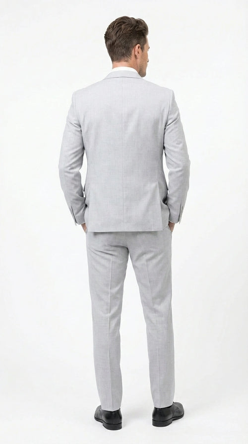 Men’s Light Grey Sharkskin 3 Piece Suit – Two Button Vested Modern Formal Business Suit for Wedding in silver Ice Gray