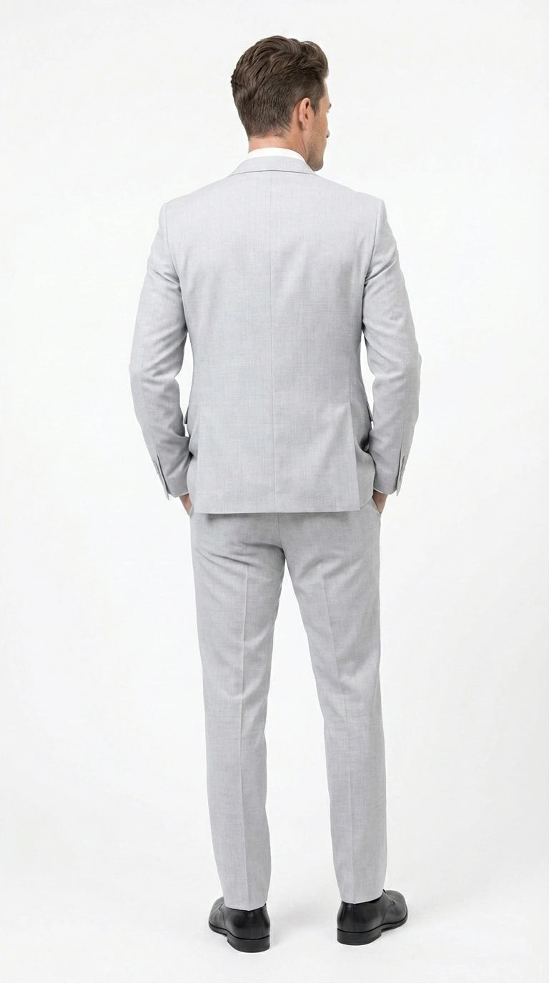 Men’s Light Grey Sharkskin 3 Piece Suit – Two Button Vested Modern Formal Business Suit for Wedding in silver Ice Gray