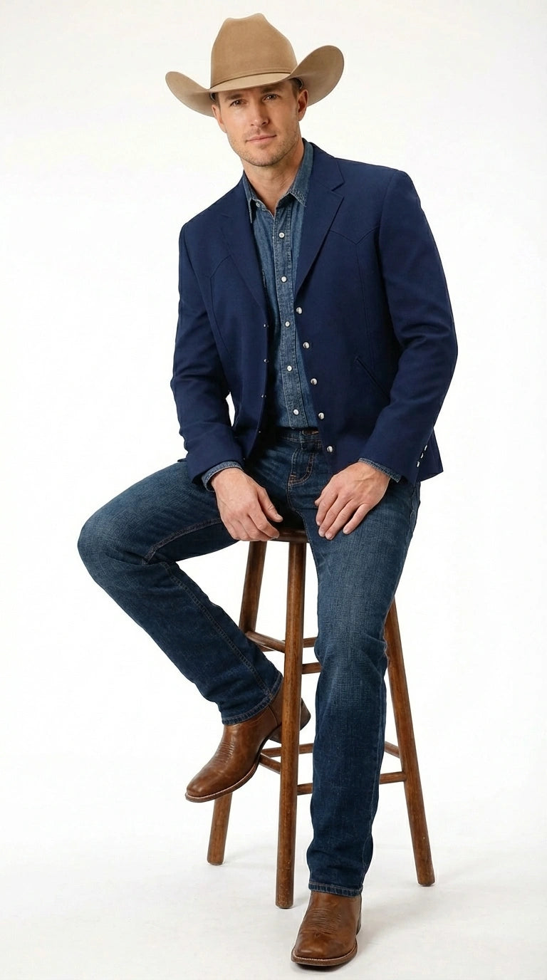 Mens Navy Blue Western Blazer Set – Cowboy Style Jacket and Pants Outfit Classic Country Western Blazer