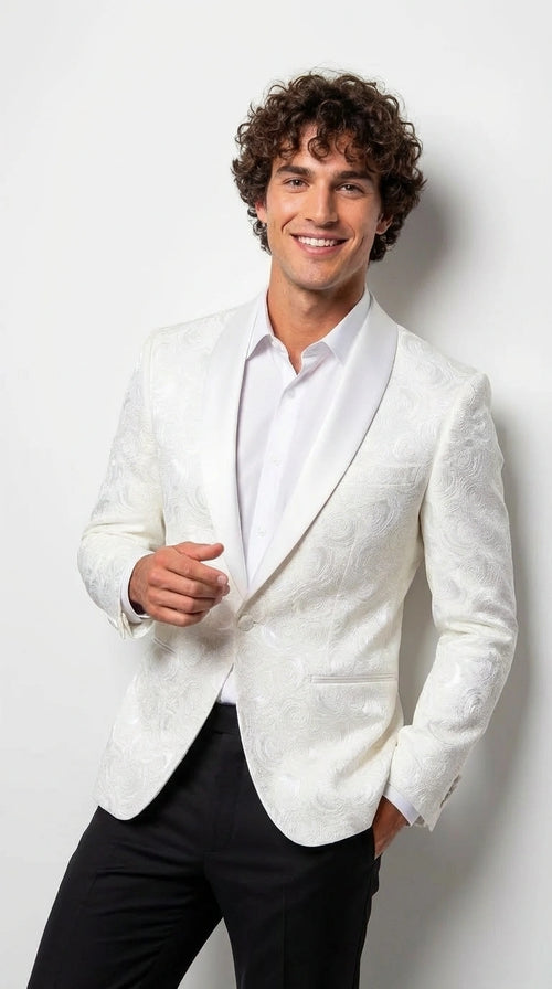 Men’s White Paisley Disco Blazer 1980s Style Jacket – Shawl Lapel Formal Party Blazer, Elegant Masquerade Club Wear, Stylish Evening Outfit