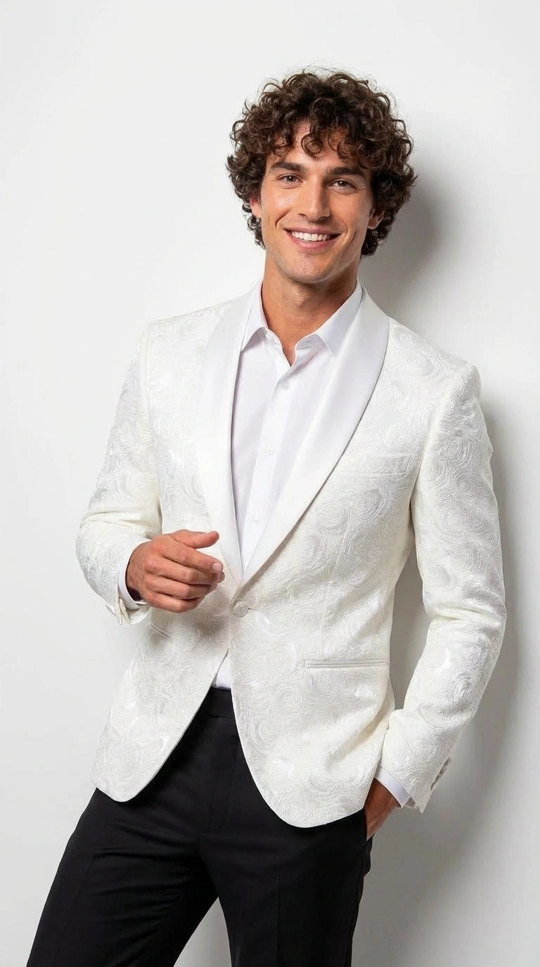 Men’s White Paisley Disco Blazer 1980s Style Jacket – Shawl Lapel Formal Party Blazer, Elegant Masquerade Club Wear, Stylish Evening Outfit