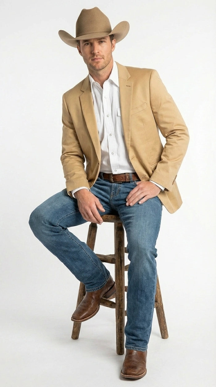 Men’s Tan Camel British khaki Western Blazer – Two Button Classic Casual Sport Coat - Cowboy Country Coat