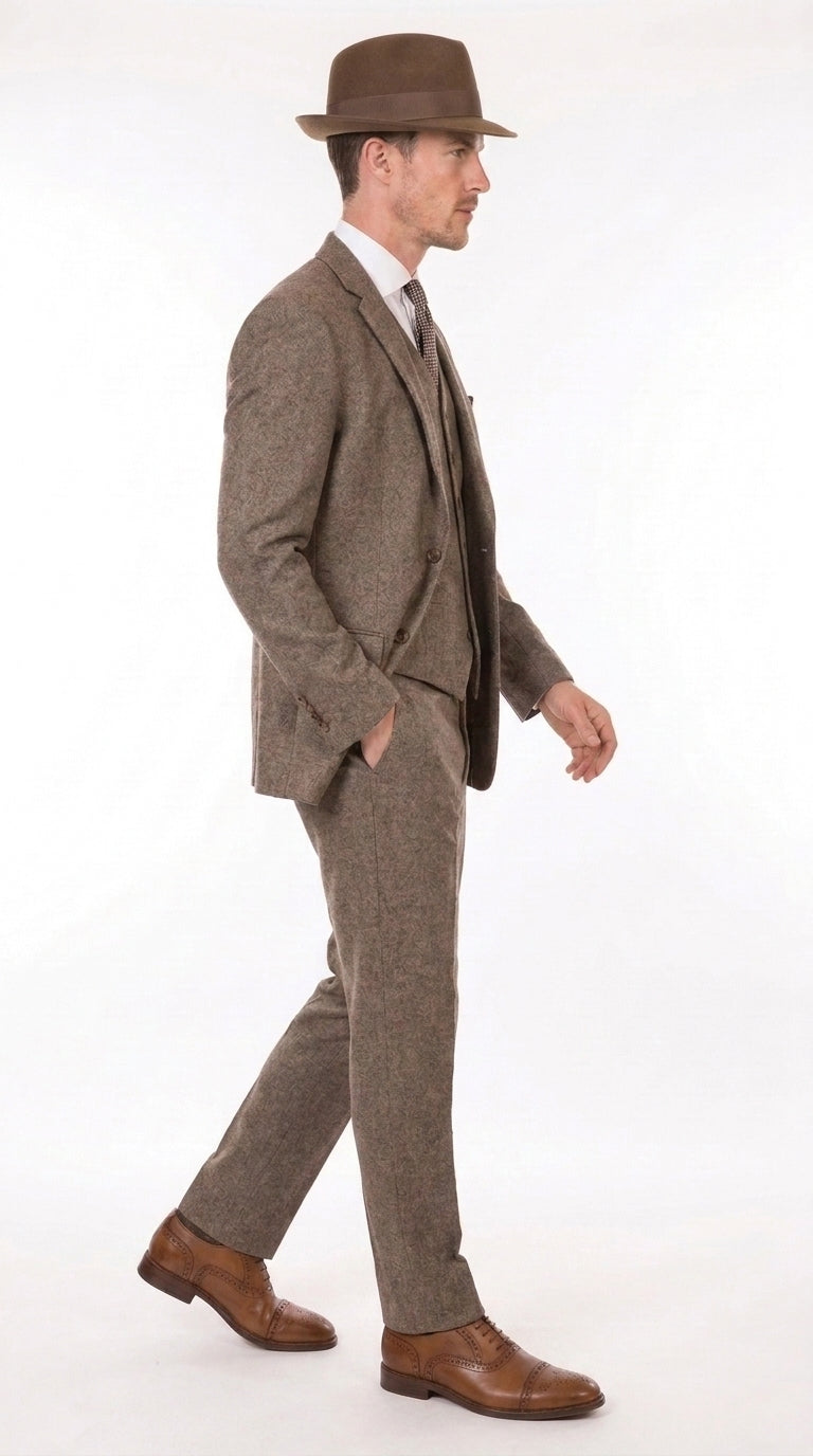 Men’s Brown Herringbone 3 Piece Suit – Vintage 1950s Inspired Tweed Vested Classic Suit