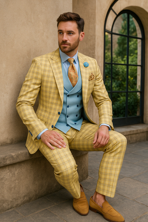 Men's Yellow Plaid Suit with Sky Blue Double-Breasted Vest and Multicolor Paisley Tie
