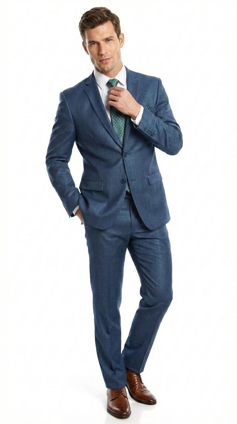 Men’s Indigo Blue Sharkskin Suit – Textured Shiny Formal Suit for Wedding, Business, 2 Buttons Slim Fitted