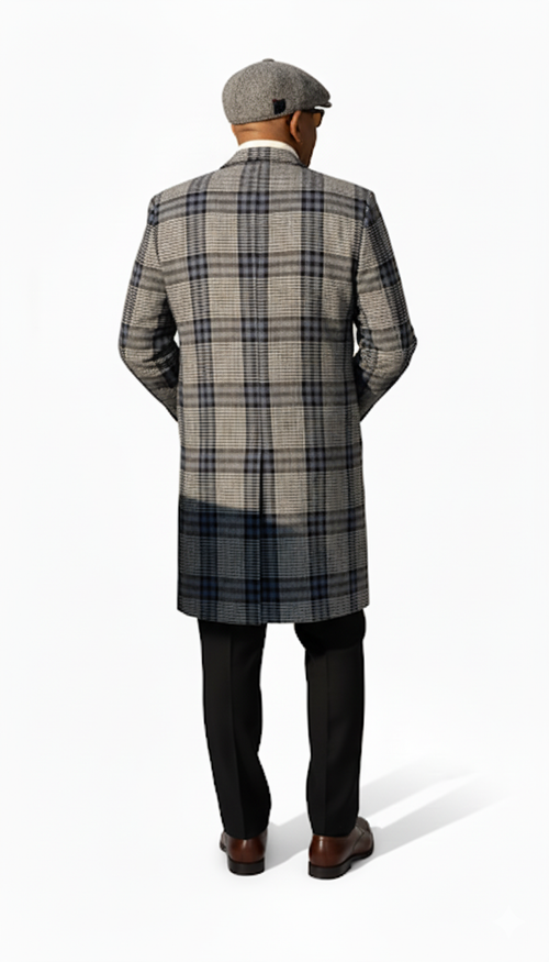 Overcoat - With Blue Plaid Pattern Coat - Wool Fabric Topcoat