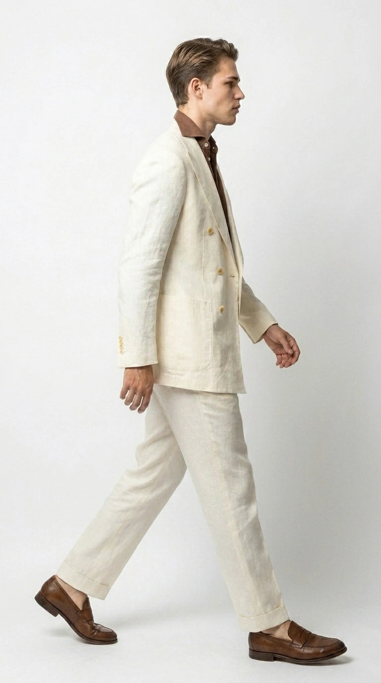 Men’s Off White 70s Style Double Breasted Suit – Vintage Retro Wide Lapel Classic Outfit for Party, Wedding and Casual Fashion Wear