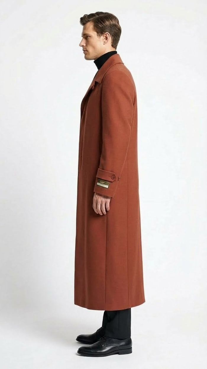 Alberto Nardoni men's cognac overcoat. Tailored straight cut, single-breasted, notched collar. Dense fabric. Button cuffs. Below-knee length. Clean, minimalistic design.
