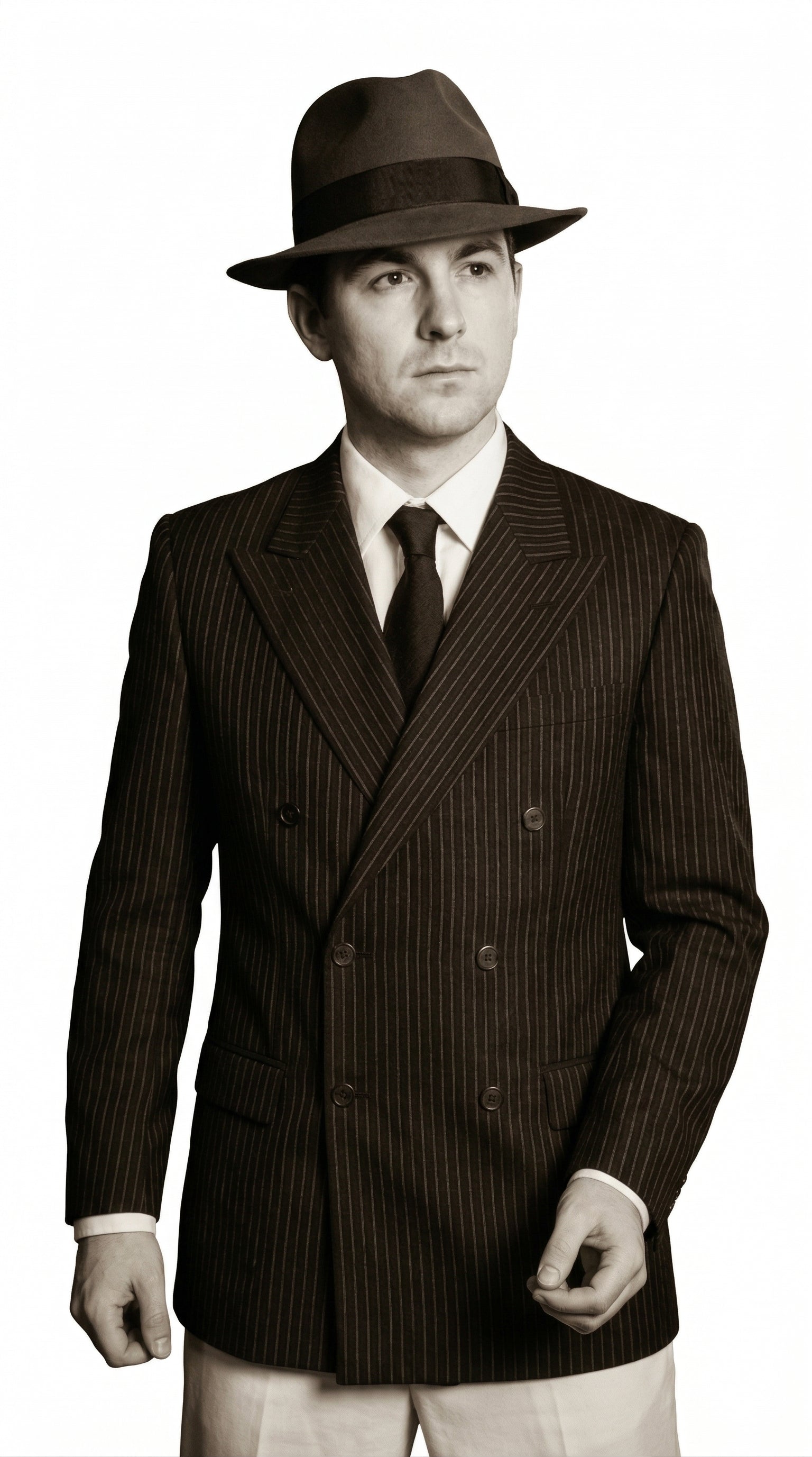 Men’s Black Pinstripe Blazer with White Pants 1920s Gangster Mob Boss Style Suit – Double Breasted Vintage Formal Jacket, Classic Party Costume Wear