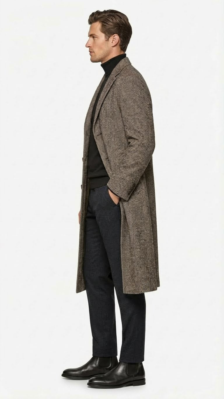 Men's black & grey herringbone tweed overcoat. Long, tailored silhouette with notched lapel & side pockets. Wool blend offers warmth and textured herringbone pattern for a classic look.
